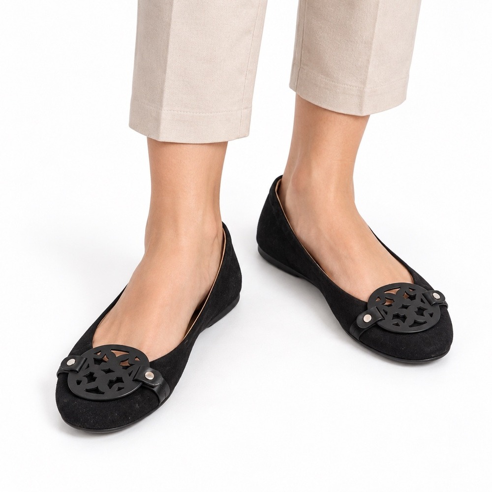 Report Vintage Y2K Black Suede Medallion Ballet Slip On Flats Women's Size 9.5